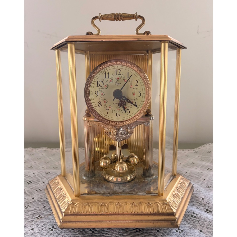 Elgin Brass Anniversary Carriage Mantle Clock Quartz Floral Dial Vintage